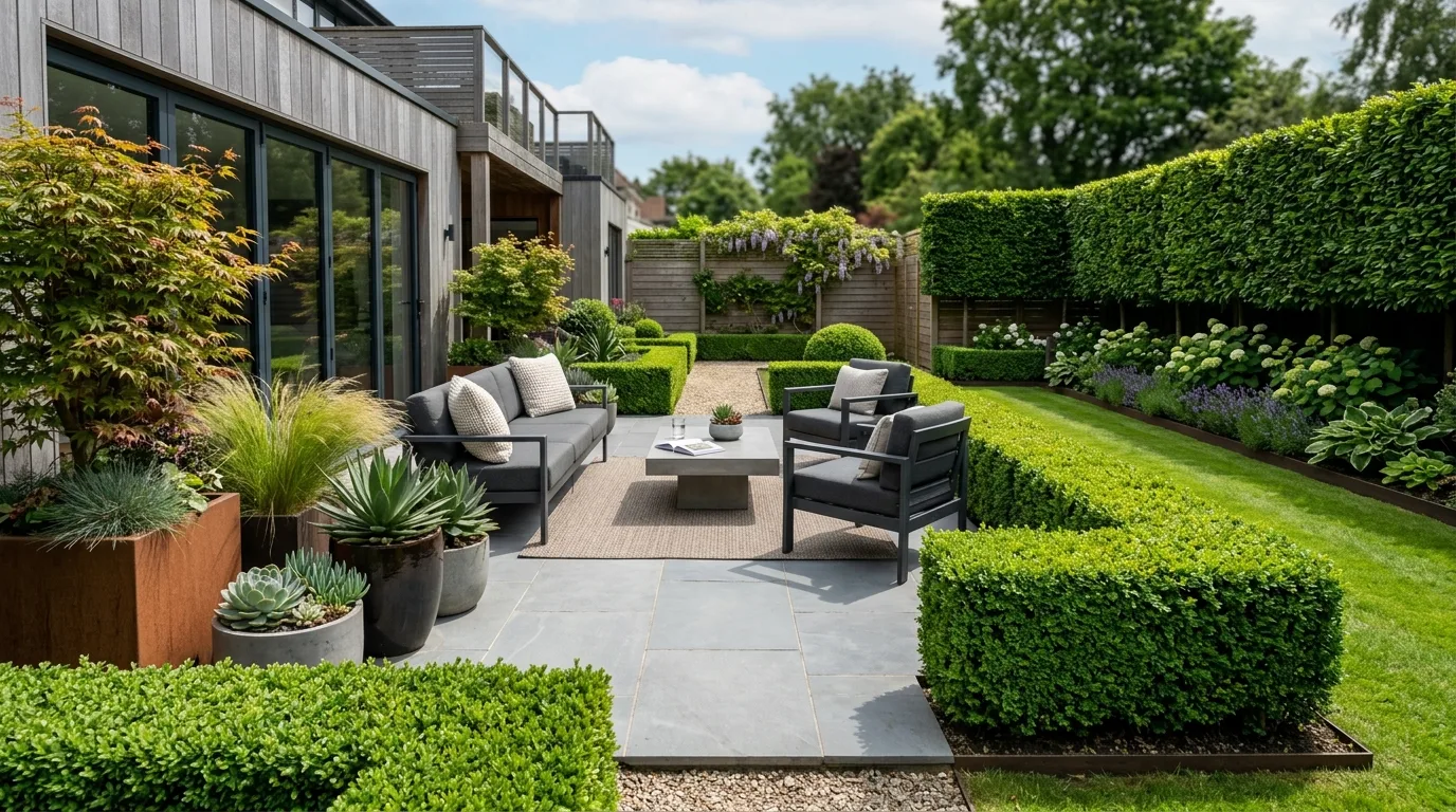 Contemporary Yard With Hedges and Patio